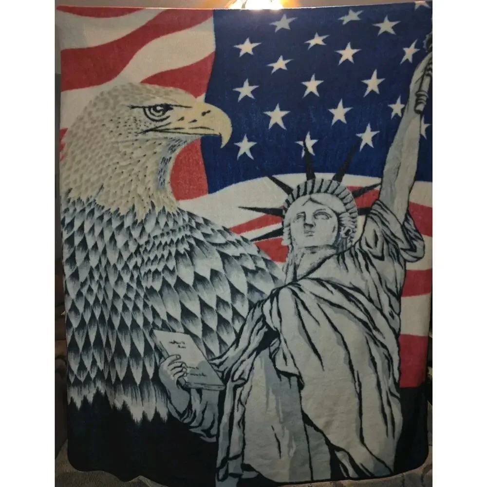 Vintage Eagle Statue Of Liberty Blanket Korea Plush Fuzzy 79”X94” Patriotic USA